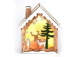 Faház alakú rénszarvas mintás/18,5x21cm/meleg fehér LED-es fa fénydekoráció