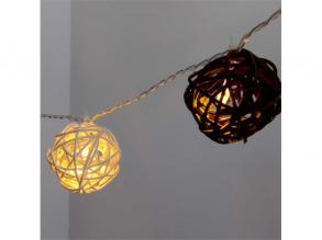 Gömb alakú fonott/rattan/4m/fehér + barna/20db LED-es/3xAA elemes fénydekoráció