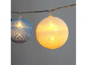 Gömb alakú 6cm/színes fonott/3m/kék-v.kék-fehér/20db LED-es/USB-s fénydekoráció