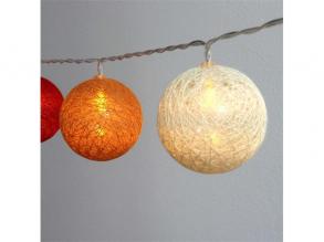 Gömb alakú 6cm/színes fonott/4,5m/piros-narancs-meleg fehér/30db LED-es/USB-s fénydekoráció