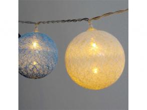 Gömb alakú 6cm/színes fonott/4,5m/kék-v.kék-fehér/30db LED-es/USB-s fénydekoráció