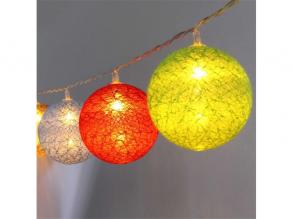 Gömb alakú 6cm/színes fonott/4,5m/barna-piros-kék-zöld/30db LED-es/USB-s fénydekoráció