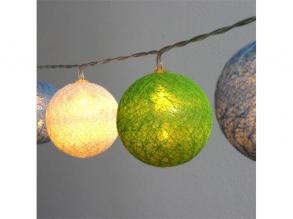 Gömb alakú 6cm/színes fonott/4,5m/zöld-kék-fehér/30db LED-es/USB-s fénydekoráció