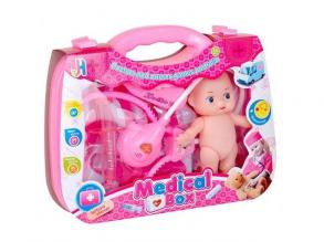 Pink orvosi szett babával és kiegészítőkkel bőröndben