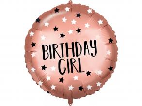 Szülinapi fólia lufi  "Birthday Girl" felirattal, rózsaarany csillagos 46cm