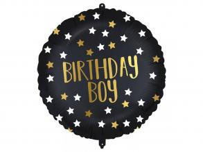 Szülinapi fólia lufi  "Birthday Boy" felirattal, fekete-arany csillagos 46cm