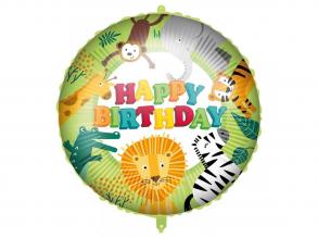 Szülinapi fólia lufi  Happy Birthday felirattal, dzsungel állatos mintával 46cm