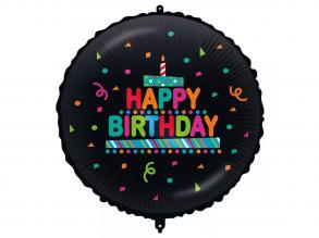 Szülinapi fólia lufi  Happy Birthday felirattal, tortás-konfettis, fekete alapon 46cm