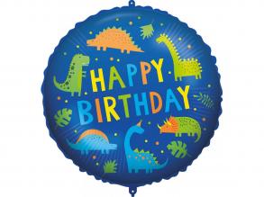 Szülinapi fólia lufi  Happy Birthday felirattal, dinoszauruszos mintával 46cm