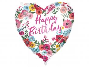 Szülinapi fólia lufi  Happy Birthday felirattal, szív alakú, virágos mintával 46cm