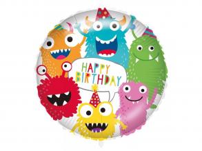 Szülinapi fólia lufi  Happy Birthday felirattal, színes szörnyecskés mintával 46cm