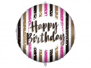 Szülinapi fólia lufi  Happy Birthday felirattal, arany-fekete-rózsaszín csíkos design 46cm