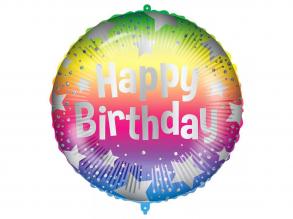 Szülinapi fólia lufi  Happy Birthday felirattal, szivárványszínű csillagos mintával 46cm
