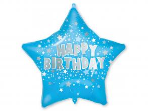 Szülinapi fólia lufi  Kék csillagos Happy Birthday felirattal 46cm