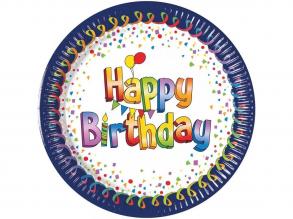 Vidám kék-fehér szülinapi Happy Birthday feliratú papírtányér 8db-os szett