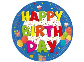 Vidám színes szülinapi Happy Birthday feliratú papírtányér 8db-os szett