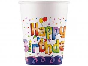 Szivárványos szülinapi Happy Birthday feliratú papírpohár 8db-os szett 200ml