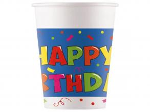 Kékfehér alapú szülinapi Happy Birthday feliratú papírpohár 8db-os szett 200ml