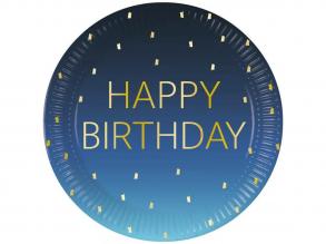 Kék színű szülinapi Happy Birthday feliratú papírtányér 8db-os szett 23cm