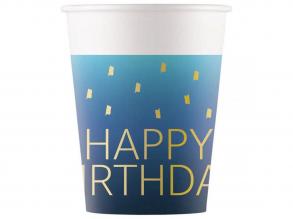 Kék színű szülinapi Happy Birthday feliratú papírpohár 8db-os szett 200ml