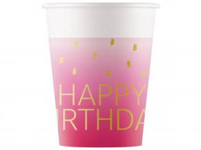 Rózsaszín színű szülinapi Happy Birthday feliratú papírpohár 8db-os szett 200ml
