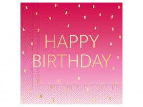 Rózsaszín színű szülinapi Happy Birthday feliratú 2 rétegű papírszalvéta 20db-os csomag
