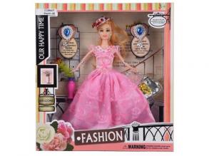 Fashion divatbaba kalappal, rózsaszín báli ruhában kiegészítőkkel 29cm