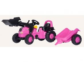Rózsaszín pedálos traktor markolóval és utánfutóval