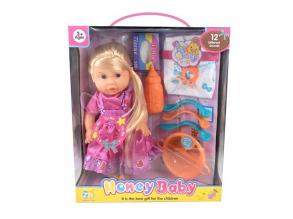 Szőkehajú baba étkészlettel, kiegészítőkkel és hanggal