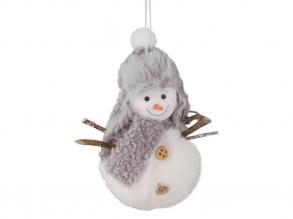 Karácsonyi dekoráció plüss hóember szürke sállal és fülvédős sapkával