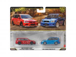 Hot Wheels: Deluxe 2005 Mitsubishi Lancer Evolution IX Wagon és 2004 Subaru Forester STI kisautó 2 db-os csomag 1/64 - Mattel