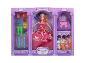 Divatbaba szett színes ruhaszettel és cipőkkel