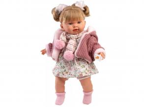 Llorens: Alexandra 42cm-es síró baba cumival rózsaszín kötött kabátban és virágos szoknyában