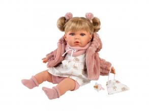 Llorens: Júlia 42cm-es síró baba cumival rózsaszín kabátban