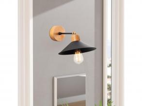Modern fali lámpa fém testtel és fa talppal, fekete és tölgy, 24 cm átmérő, 20 cm magasság | E27 aljzat, max 40W