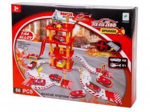 Tűzoltó parkolóház és helikopter leszálló (helikopterrel és 2 fém autóval)