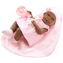 Újszülött baba pöttyös ruhában rózsaszín takaróval 38cm