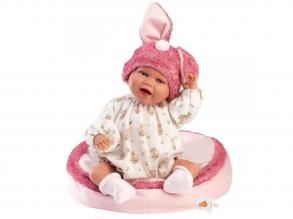 Llorens: Mimi 42cm-es mosolygós baba nyuszifüles rózsaszín sapkában párnával