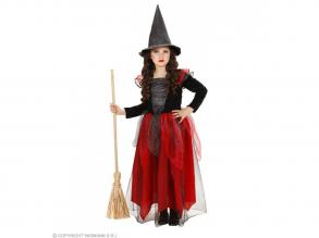 Boszorkány jelmez kalappal fekete/vörös lány jelmez