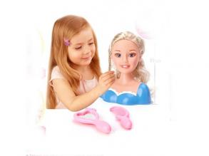 Fésülhető babafej hosszú szőke hajjal kétféle ruhában kiegészítőkkel