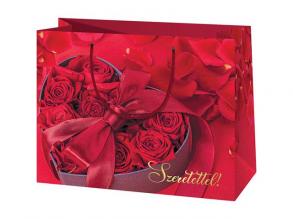 Nagy méretű rózsás ajándéktáska "Szeretettel" felirattal 26x14x33cm
