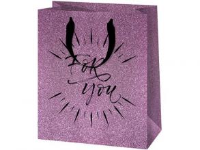 Csillámos lila, For You felirattal közepes méretű prémium ajándéktáska 18x10x23cm