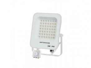 LED reflektor , 30 Watt , Ultra Slim , SMD , mozgásérzékelős , meleg fehér , fehér ház , IP65 , Optonica