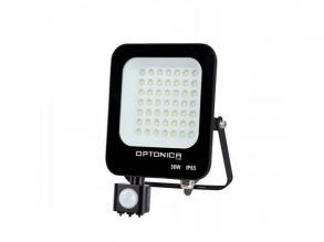 LED reflektor , 30 Watt , Ultra Slim , SMD , mozgásérzékelős , hideg fehér , fekete ház , IP65 , Optonica