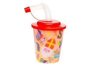 Karácsonyi pohár fedővel és szívószállal, télapós, 12 db.