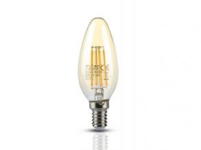 LED lámpa , égő , izzószálas hatás , filament , gyertya , E14 foglalat , 4 Watt , meleg fehér , borostyán sárga