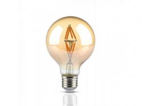 LED lámpa , égő , izzószálas hatás , filament , gömb , E27 foglalat , G80 , 4 Watt , meleg fehér , borostyán sárga