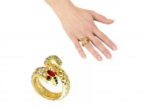 Aranyszínű, kígyó formájú gyűrű, strasszkövekkel és ékkővel díszítve