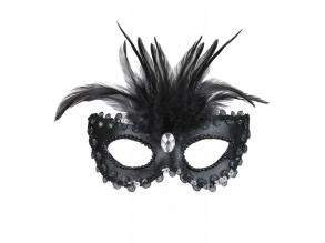 Fekete velencei szemmaszk, flitterrel, ékkővel és tolldísszel