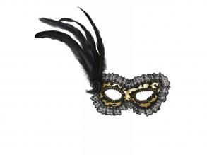 Aranyszínű szemmaszk, fekete csipkeszegéllyel és tollal